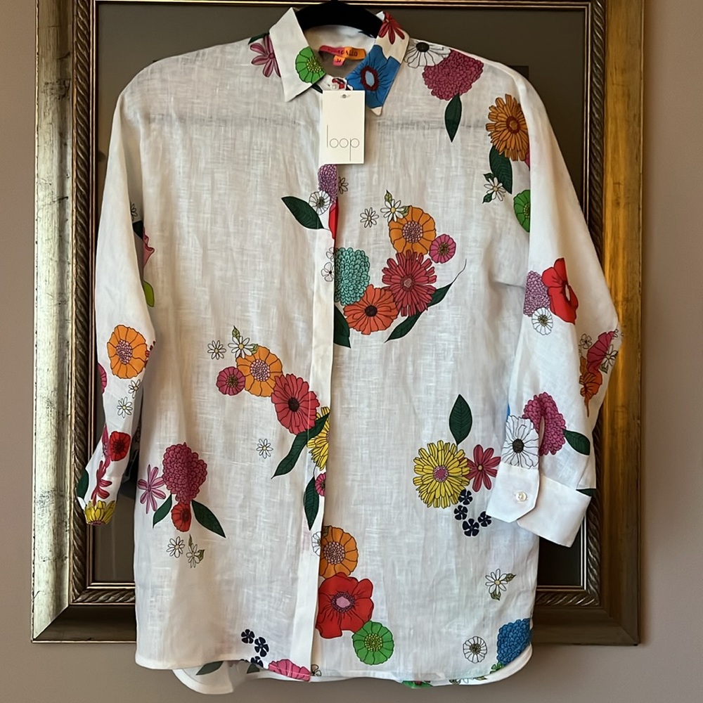 NWT Vilagallo White Flower  Louisa Pure Linen Shirt 34